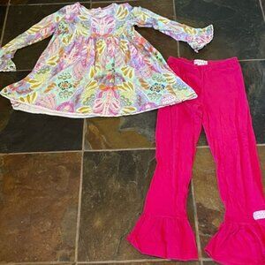 Ruffle Girl Pant Suit, Hot Pink and Flowery Size 12/14